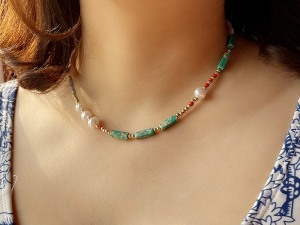 Bohemian Elegance Handcrafted Necklace with Turquoise Stones, Pearls, and Red Accent Beads