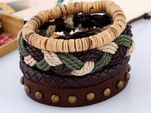 Bohemian Style Layered Leather and Woven Bracelet with Metal Stud Accents