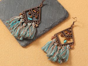 Turquoise Tassel Boho Chic Chandelier Earrings with Copper Accents