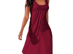 Woman's Sleeveless Draped Scoop Neck Casual Swing Midi Dress in Maroon