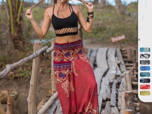 Bohemian Style Red Harem Pants with Ethnic Print and Elastic Waistband