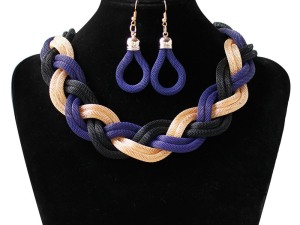 Braided Gold and Royal Blue Cord Statement Necklace with Matching Drop Earrings Set