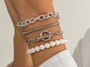 Bohemian Elegant Silver-Tone and Pearl Bracelet Set