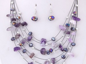 Multi-Strand Amethyst and Crystal Bead Necklace with Matching Earrings Set