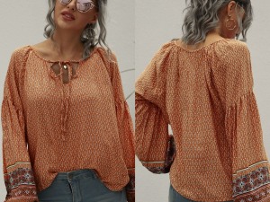 Boho Chic Terracotta Blouse with Tassel Tie - Add a Touch of Elegance to Your Wardrobe