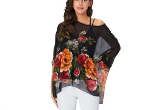 Women's Floral Print Cold Shoulder Batwing Sleeve Top