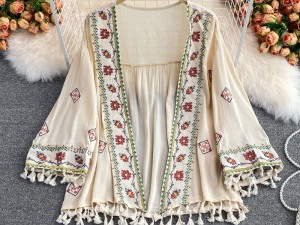Embroidered Tassel Trim Kimono Cardigan