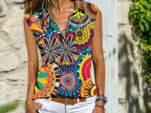 Bohemian Colorful Geometric Print Sleeveless V-Neck Blouse