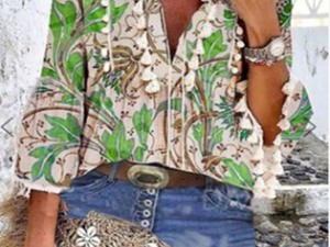 Bohemian Floral Print V-Neck Blouse with Bell Sleeves