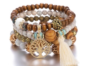 Bohemian Multi-Layer Beaded Bracelet Set with Tree of Life Charm and Tassel Detail