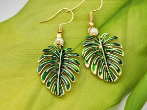 Gold-Tone Monstera Leaf Drop Earrings with Pearl Accents