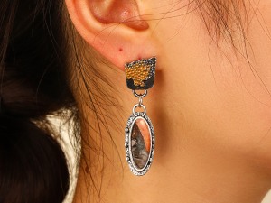 Bohemian Style Antique Silver Drop Earring with Gemstone Accent