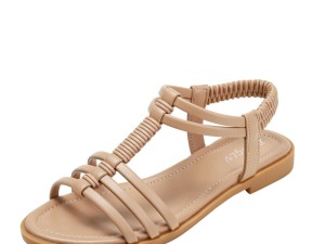 Women's Beige Strappy Flat Sandals with Elastic Ankle Support