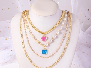 Layered Gold-Tone Chain and Pearl Necklace with Colorful Heart Pendants