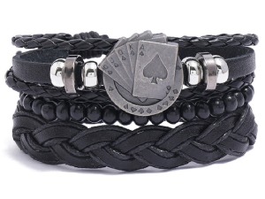 Men's Black Leather Braided Bracelet with Silver Ace of Spades Clasp