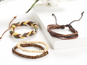 Bohemian Handmade Bracelet Set – Ethnic Fabric Wrap, Leather Cord, and Beaded Wooden Bangles