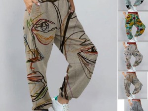 Abstract Face Line Art Printed Casual Drawstring Pants