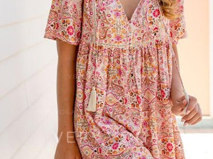 Bohemian Style Floral Print V-Neck Short Sleeve Mini Dress