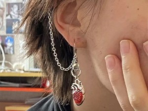Red Gemstone Heart Charm with Chain Dangle Earrings